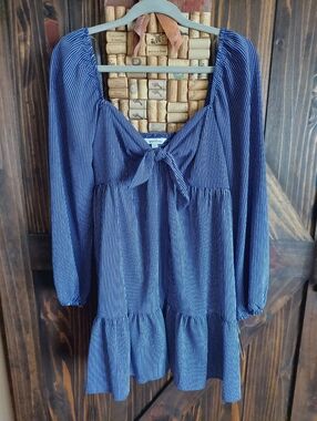 Striped Navy/White Pinstripe Long-Sleeve Peasant Dress with Tie Neck